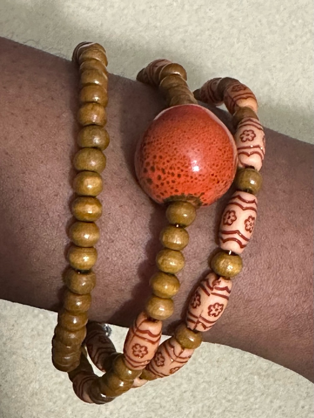 Beaded Three Strand Bracelet with Orange Accent Bead
